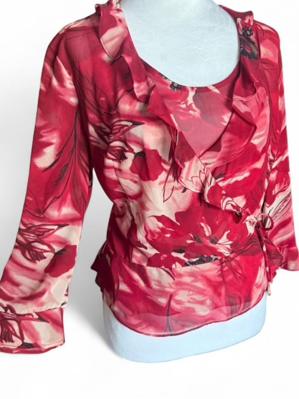 Emma James 2 Piece Wrap Blouse | Size 8 | NWT | Red and Pink Floral Ruffle Top